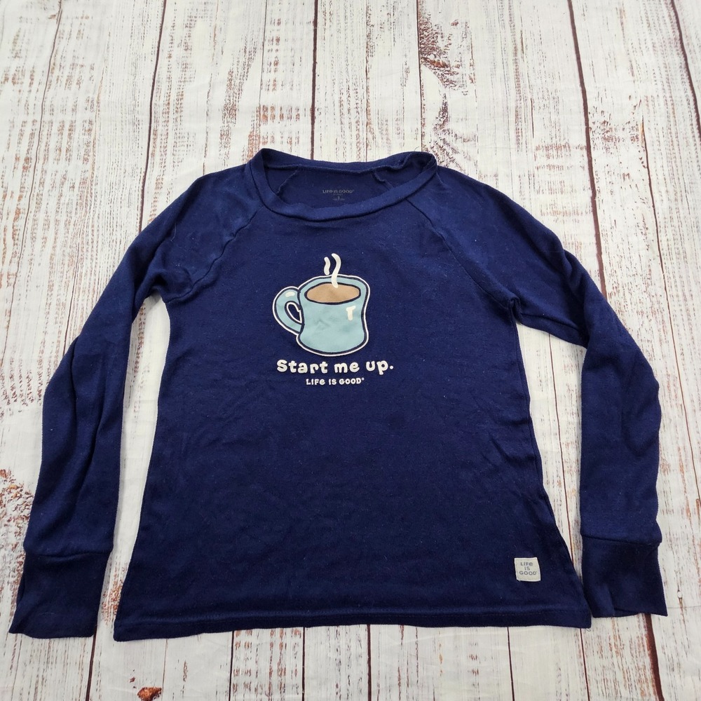 Start Me Up Coffee Life is Good Blue Long Sleeve Sleep Shirt Women's S